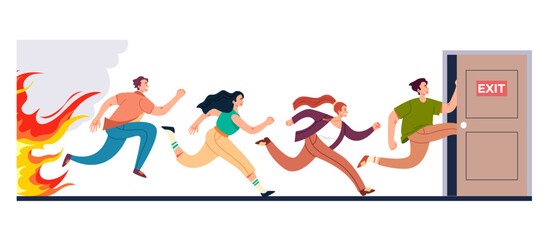 Safety emergency office exit door escape abstract concept. Vector design graphic illustration