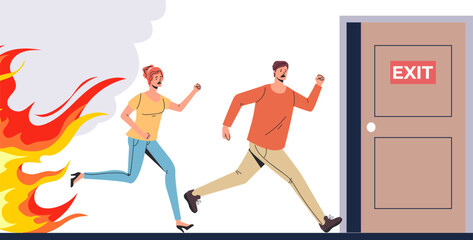 Safety emergency office exit door escape abstract concept. Vector design graphic illustration