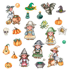 A set of little witch in hat, pumpkins,scull, frog. Watercolor hand drawn illustration. Can be used for halloween party or posters.