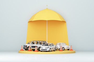 Car protection and safety assurance concept, car insurance web banner design. small yellow automobile hatchback under the yellow umbrella isolated on white background. cartoon style. 3d rendering