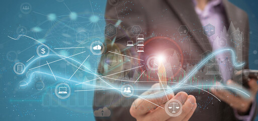 Global business, digital technology, social media marketing concept. Business man using digital tablet computer with global internet connection and smart city, business intelligence, data science