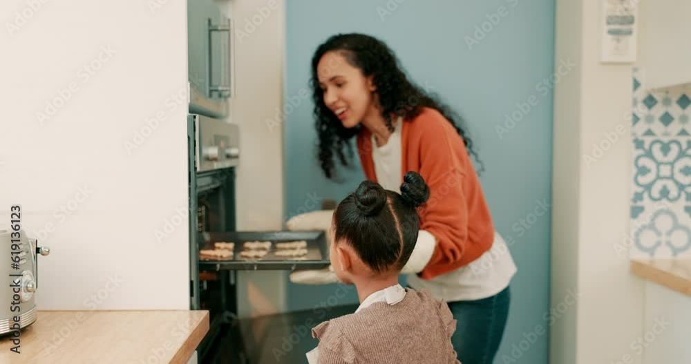 Canvas Prints Mother, girl and baking oven for cooking, learning and having fun together while bonding in kitchen. Stove, dough baker and mom with happy child helping to prepare food, cookies and biscuits in home.