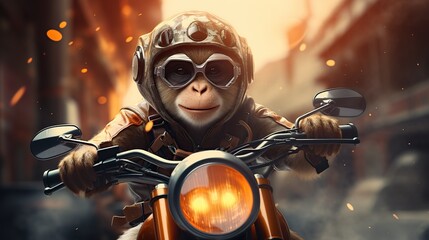 cute monkey using motorbike and glasses - obrazy, fototapety, plakaty