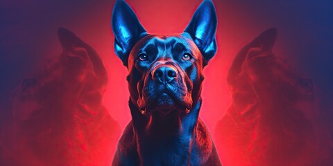 Dog front portrait in blue-red light on red background, concept of Lighting contrast, created with Generative AI technology