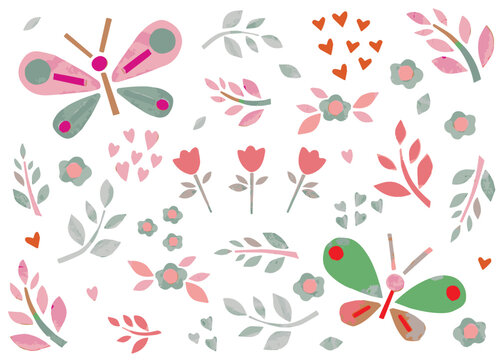Set of isolated texture elements: butterflies, flowers, foliage, hearts. Vector set of design element. 
