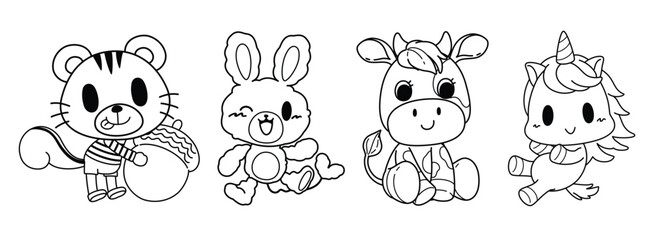 Line art cartoon, Black linear set of cute animal cartoon, Drawn doodle funny animal character isolated on white background, Vector illustration.