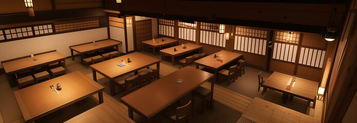 Izakaya, which is common in Japan, is a reasonable restaurant where you can enjoy alcoholic drinks and food. This is an example of an izakaya interior. generative AI illustration. 