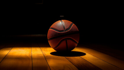 a basketball sitting on top of a wooden floor in the dark. Generative AI
