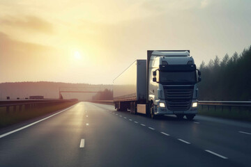 Powerful Trucks Racing Across the Highway. Generative AI