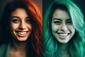 Obraz premium Vibrant Transformation: Red to Green Hair. Generative AI