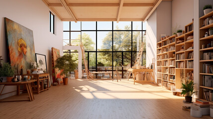 A modern and spacious art studio with natural light, high ceilings, and plenty of storage. Generative AI