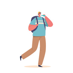 Thirsty Man Character Walk with Backpack and Hydrates With Refreshing Water, Replenishing His Bodys Fluid Levels