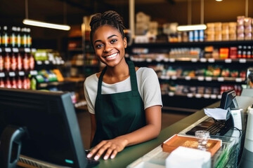 Friendly African American Cashier at Grocery Store. Generative AI
