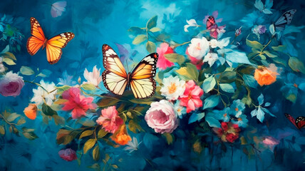 a painting of flowers and butterflies on a blue wallpaper. Generative AI