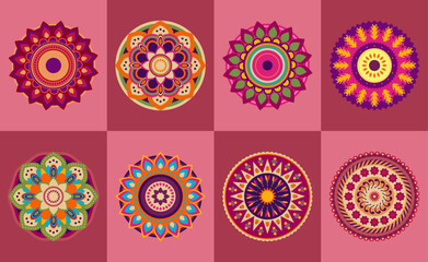 Indian Religious Festival. Design with Beautiful Floral Ornaments. Happy Diwali. Rangoli. Mandala geometric seamless pattern. Indian Traditional Rangoli Design illustration. 