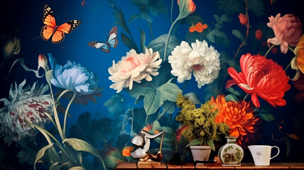 Fototapeta na wymiar a painting of flowers and butterflies on a blue wallpaper. Generative AI