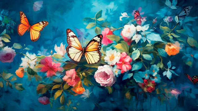 a painting of flowers and butterflies on a blue wallpaper. Generative AI