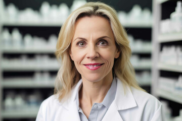 Radiant Smiling Woman Pharmacist with Medicine Shelves. Generative AI