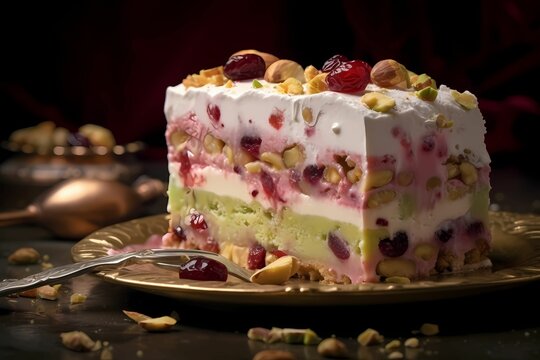 Spumoni italian desert. Ice Cream Sandwich with nuts and fruits toping AI Generative Image 