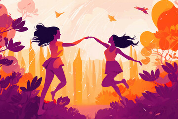Obraz na płótnie Canvas Friends Jumping Together in High Spirits. Generative AI
