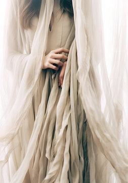 woman in wedding dress, neutral silk drapes on white background photo, in the style of laura makabresku, multilayered abstraction, gossamer fabrics, fujifilm x-t4, close-up, ai generative art