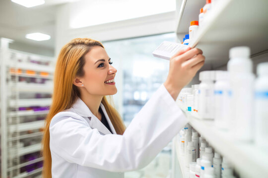 Smiling Pharmacist Retrieving Medication from Shelf. Generative AI