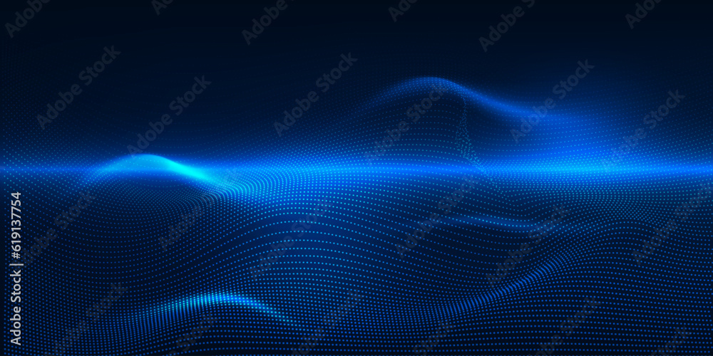 Wall mural vector illustration of futuristic neon blue wave dot connecting network for digital advertising and 