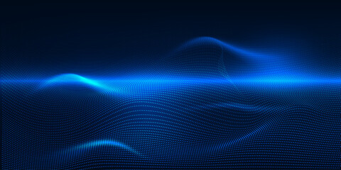 Vector illustration of futuristic neon blue wave dot connecting network for digital advertising and game artwork.Digital communication innovation and technology concepts. - obrazy, fototapety, plakaty