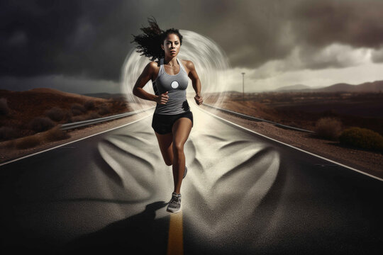 Healthy lifestyle: woman running on the road. Generative AI