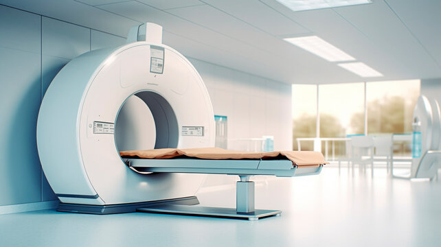 advanced mri or ct scan medical diagnosis machine at hospital lab as wide banner with copy space area. Generative AI