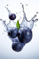 A splash of water with blueberries and a green leaf. Generative AI.