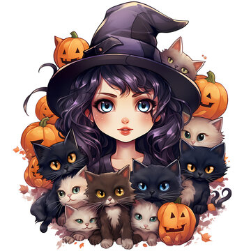 recommend clip art: Cute little witch with black cats and pumpkins, happy Halloween AI Generative
