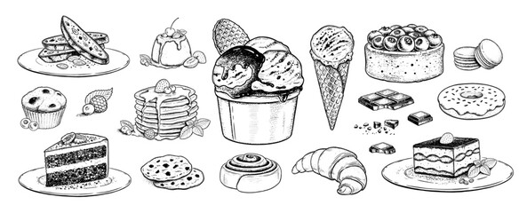 Vector sketchy illustrations collection of desserts and sweet food