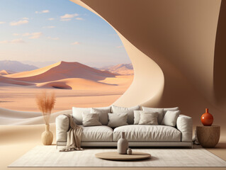 Fototapeta na wymiar Modern Nomadic Style Living room interior background, Mockups Design 3D, High-quality Mockups, Generative Ai