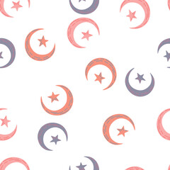 Seamless pattern with hand drawn moon and stars silhouettes print.