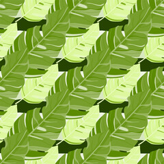 Fototapeta premium Hawaiian-inspired pattern. Fashionably exotic, palm trees and lush greenery wallpaper. Abstract backdrop botanical garden.
