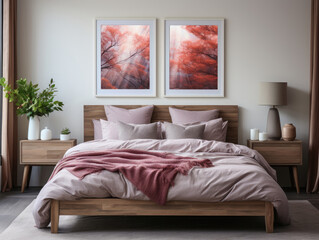 Posters mockup in new Scandinavian bedroom , Mockups Design 3D, High-quality Mockups, Generative Ai