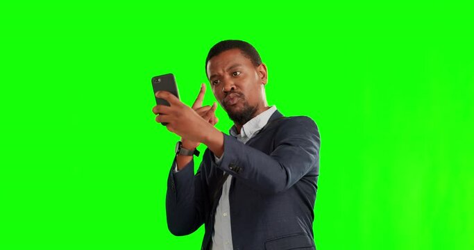 Green screen, selfie and businessman peace sign using a phone for a picture and travel on global journey for holiday. Social media, peace sign and man explore a getaway with app, internet or online