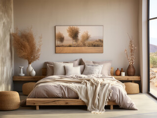 Scandinavian Farmhouse Bedroom Interior , Mockups Design 3D, High-quality Mockups, Generative Ai