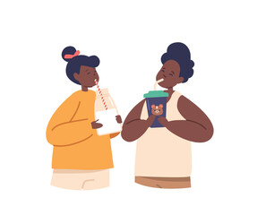 Kid Drinking Water, Milk, Soda Drink. Little Black Boy and Girl Characters with Cups Enjoying Beverage Refreshment