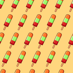 Popsicle ice cream stick with orange, green and red colour seamless pattern. Seamless pattern background.