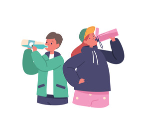Little Girl and Boy Characters Drinking Clean Water, or Juice. from Bottles Kids Enjoying Summer Refreshment