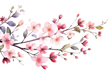 Naklejka premium Watercolor of Tropical spring floral green leaves and flowers elements isolated on transparent png background, bouquets greeting or wedding card decoration, with Generative Ai.