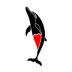 Hand-drawn silhouette of a jumping dolphin with a heart. Vector illustration isolated on a white background