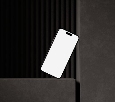 Mockup smartphone with blank white screen, on concrete with black dark background. copy space for brand advertisement. 3D rendering.