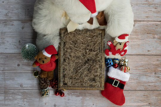 Newborn digital backdrop with christmas decoration, teddy bear and wooden box.  Newborn background. top view.