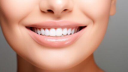 Fototapeta premium Closeup person's mouth smiling woman white teeth. Generative AI