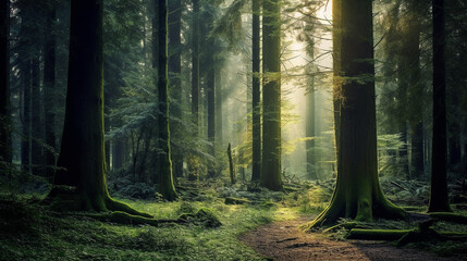 Fototapeta na wymiar Beautiful green forest with good light.Generative Ai.