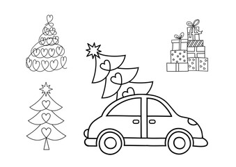 Drawn Christmas doodles in vector format. New Year. Christmas. Winter holidays. Car. Gifts. Christmas tree. America. Happy New Year. American traditions.