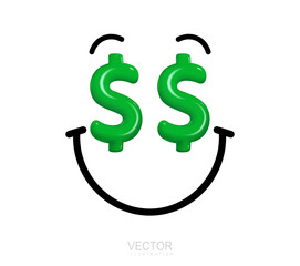 Smile and dollar sign instead of eyes. Happy face. Money face green dollars. 3D stylized vector icon. Illustration
